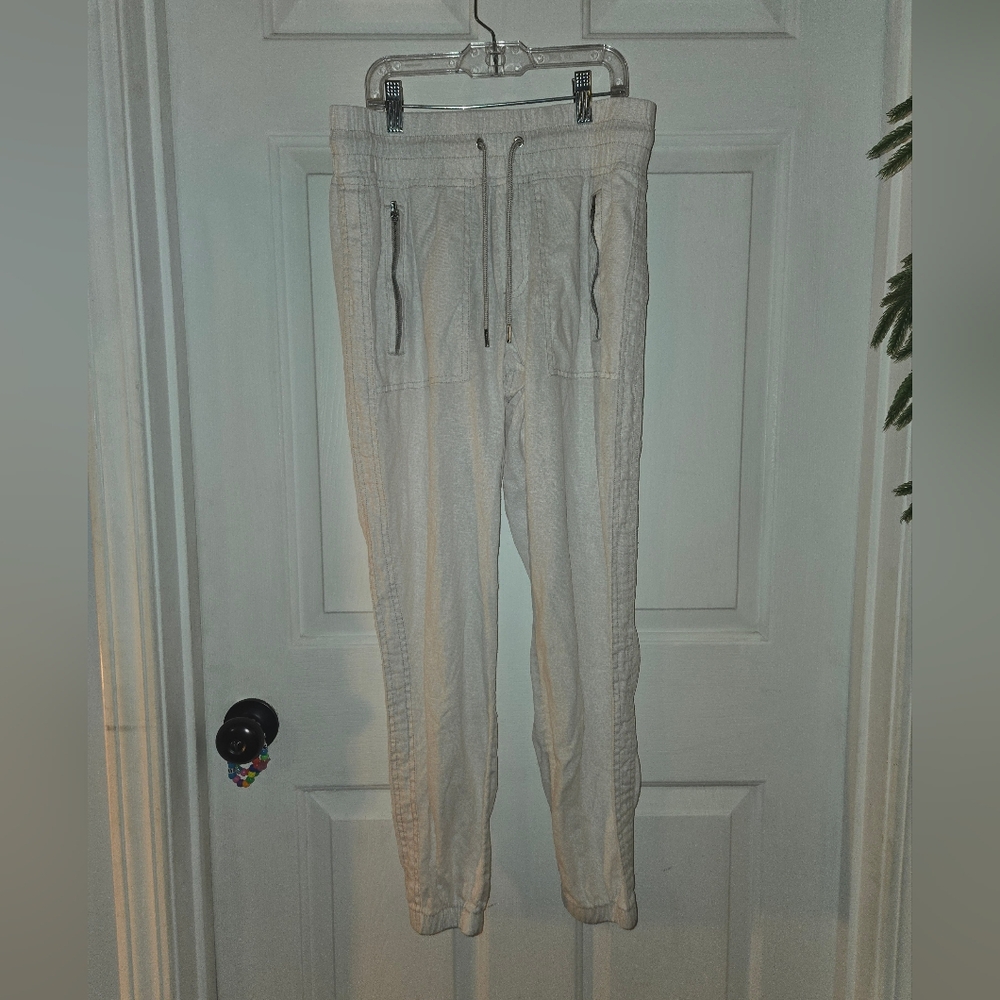 Athleta Cream Patterned Mid Rise Linen Joggers Wide Band Size 2
